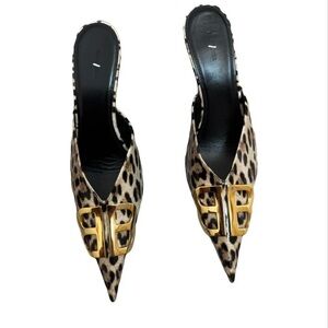 Balenciaga Leopard Print Mules with Gold Detail